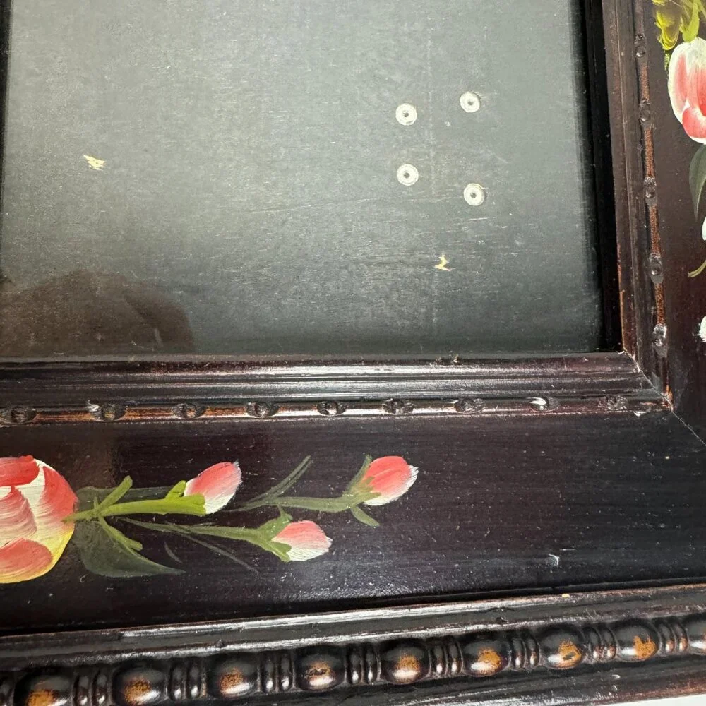 Antique RARE Wooden Frame Flowers Hand Painted